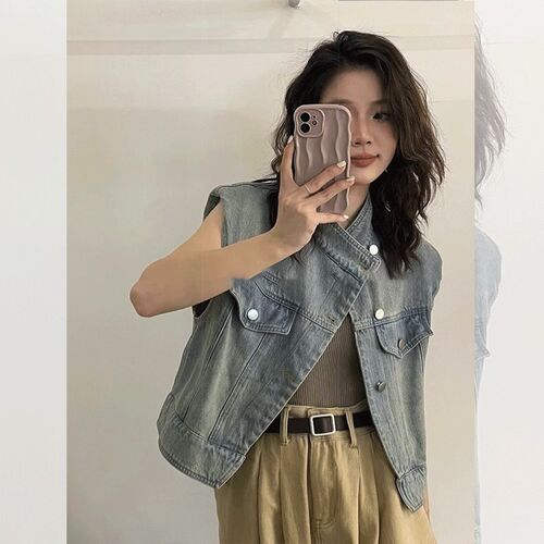 复古垫肩牛仔马甲女夏季2023新款宽松显瘦小坎肩短款百搭马夹外套