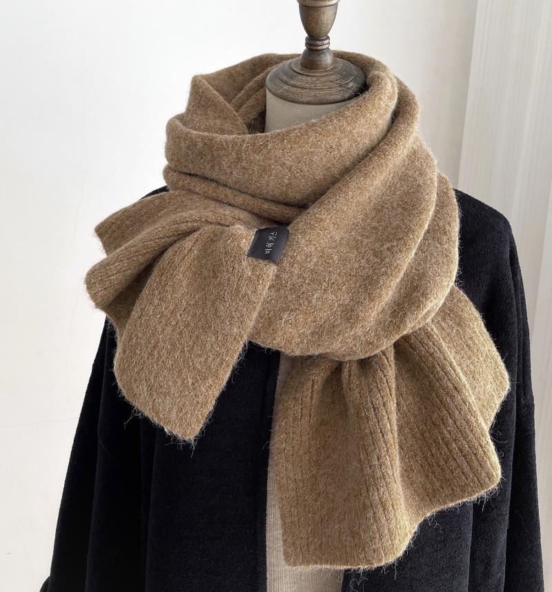 日系纯色毛线针织卡其色围巾女冬季情侣款加厚保暖围脖送男友礼物