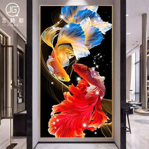 招财锦锂入户玄关装饰画九鱼图现A代简约客厅背景墙画走廊过道挂