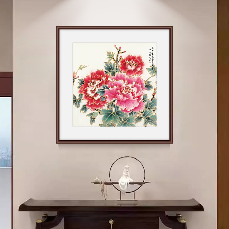 手绘斗方a花开富贵牡丹挂画客厅玄关走廊进门餐厅新中式国画装饰