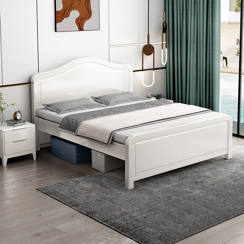白色全实木床一米i五高脚床1米8大床老式硬板床1.5米老人1.2米床