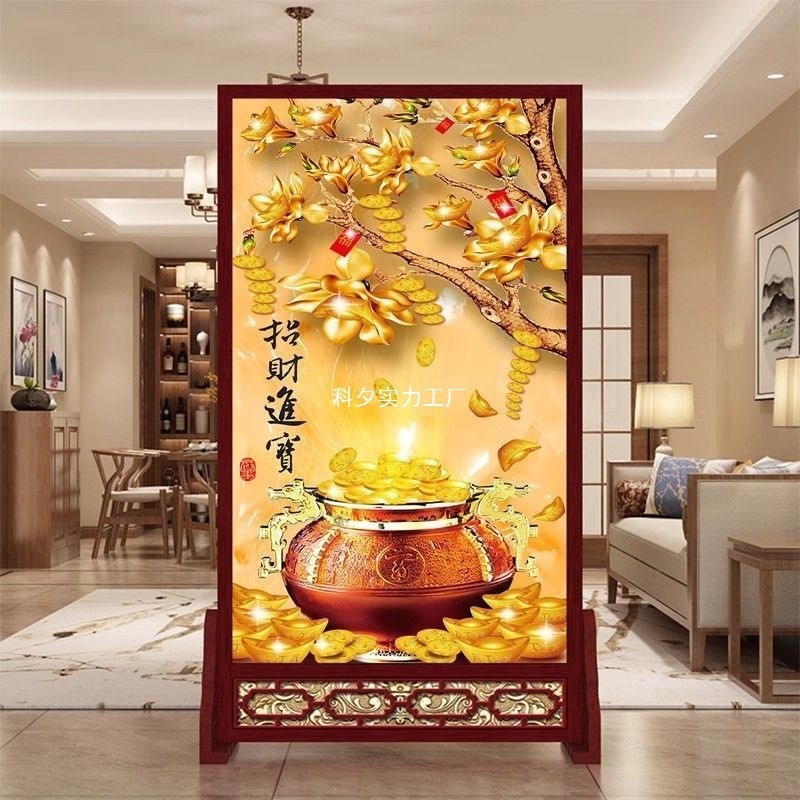 新中式入户屏风隔断客厅玄关现代简约布艺办公室双面.简易实木屏