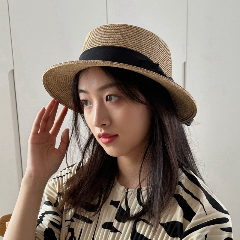 夏季日式草帽文艺复古平顶遮阳帽沙滩小礼帽度假太阳帽女士帽子