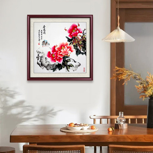 斗方牡丹花国画入户玄关装饰画新B中式客厅餐厅花开富贵背景墙挂