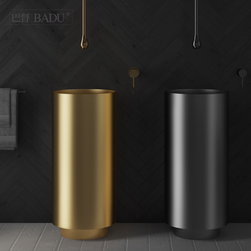 不锈钢圆形e立柱盆酒店民宿落地式一体金色洗手盆卫生间展厅立柱