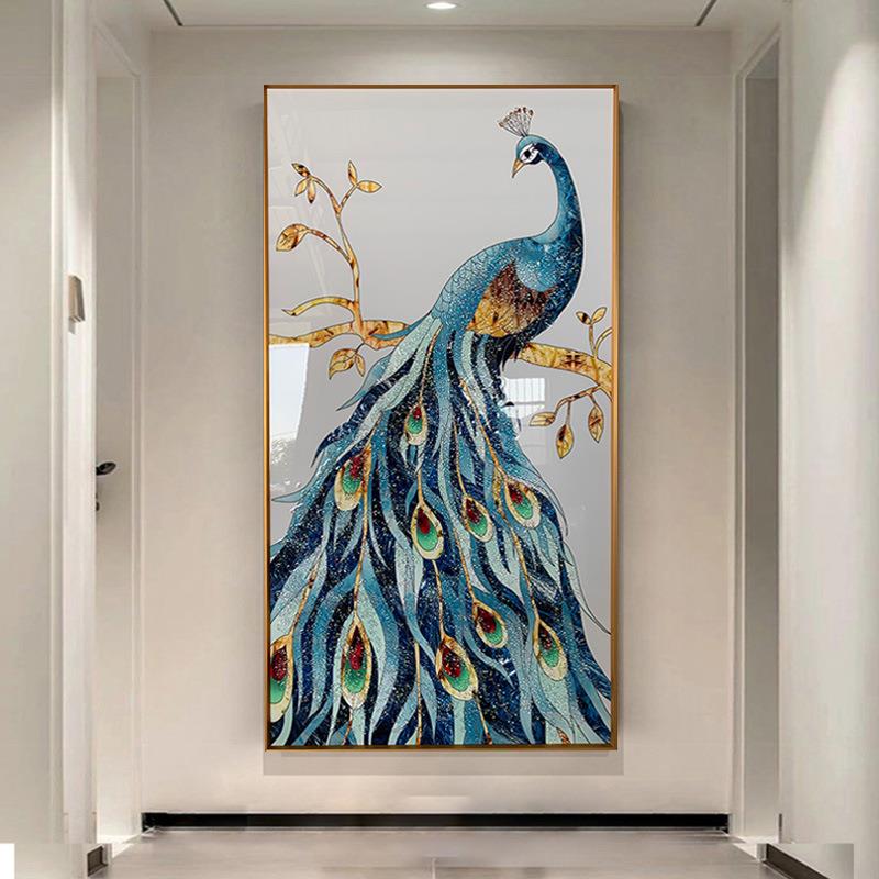 北欧轻奢入户玄关装饰画走廊过道壁画现代简约孔雀图案晶瓷画竖版图片