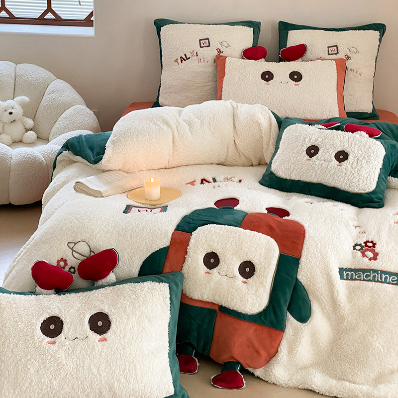 冬天加厚卡通羊羔绒四件套儿童动漫1F.2米床三件套单人贴布绣被套