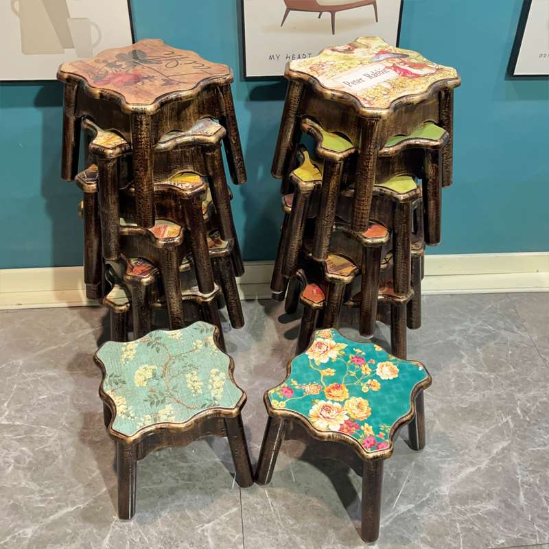 6R美式乡村小凳子家用多功能重叠收纳原木艺术四方矮板门口茶几换