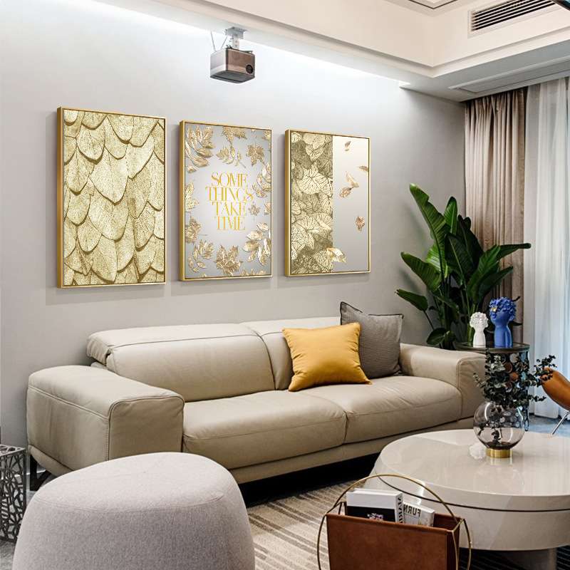 现代北欧轻奢客厅装饰画餐厅挂画美式金色叶子沙发背景墙晶瓷壁画图片