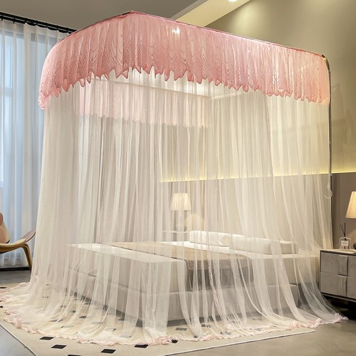 家用伸缩支架落地三开门蚊帐U型钓鱼杆不锈钢加厚1.8m1.5床可拆洗