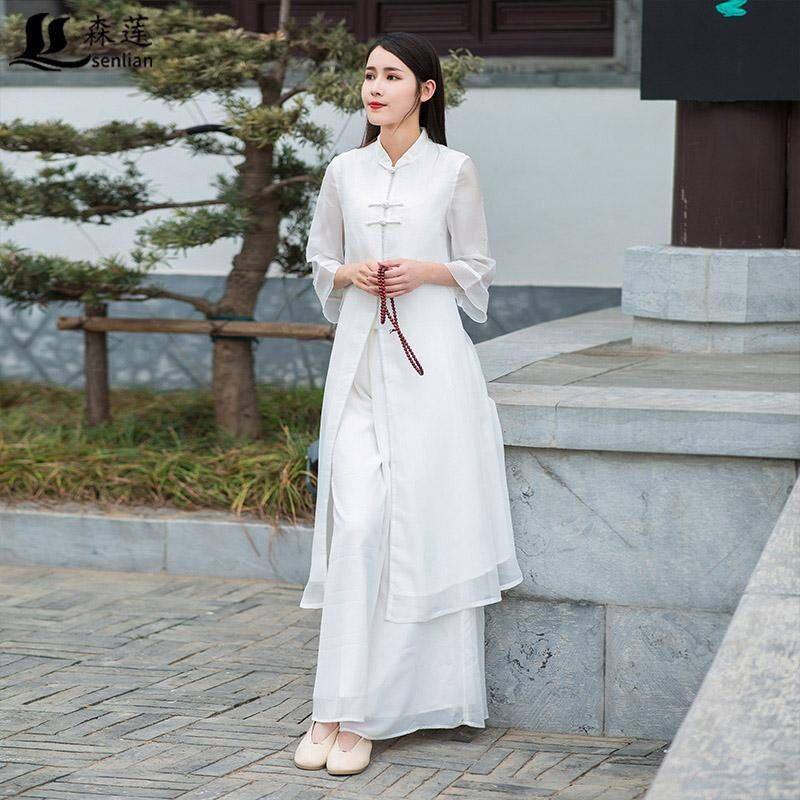 茶服女2021旗袍式修身夏装禅意文艺复古汉服套装中国风民族雪纺连