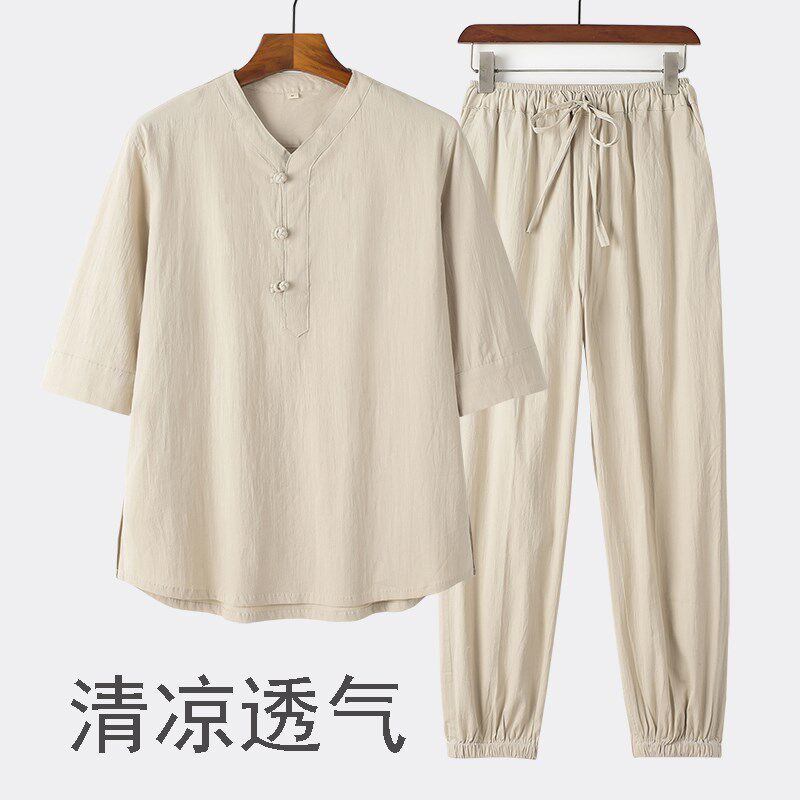 中国风夏薄款休闲男装复古棉麻套装中袖五分袖V领半袖束脚裤长裤