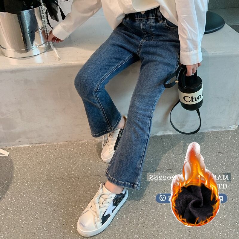 女童牛仔裤2023秋冬加绒新款复古蓝色微喇叭裤子儿童修身百搭长裤