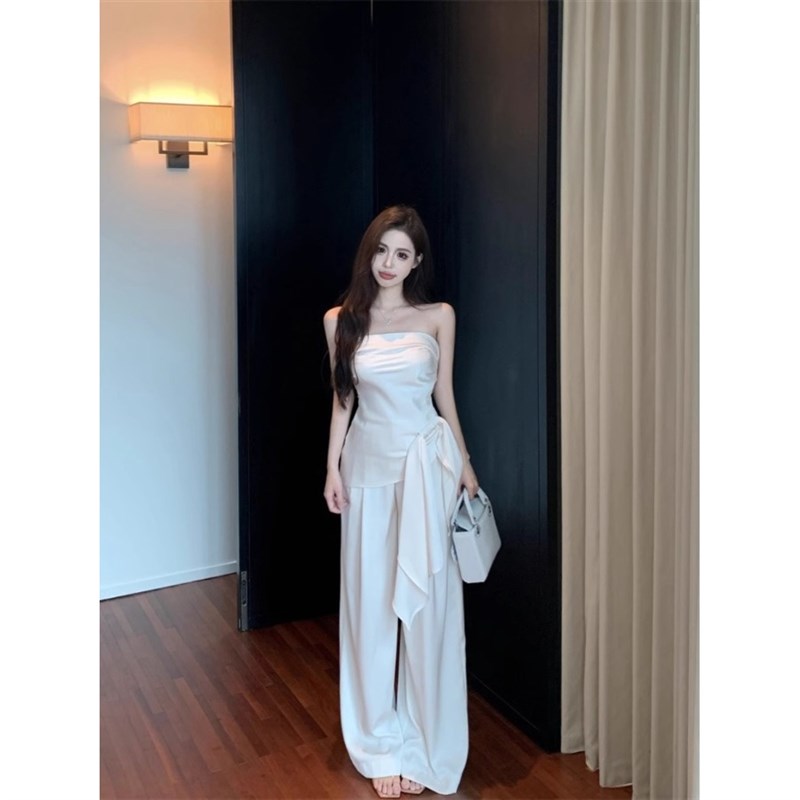 辣妹高级感不规则绑带收腰短款无袖抹胸背心女高腰显瘦阔腿裤套装