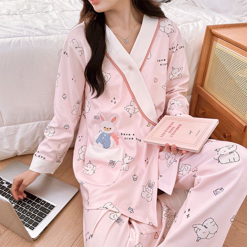 新中式春夏季带胸垫月子服纯棉产前产后孕妇哺乳睡衣女家居服套装