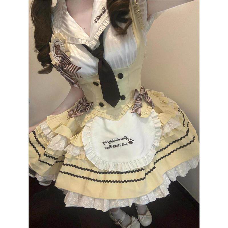 夏季新款甜美Lolita海军领上衣收腰蝴蝶结马甲拼接蕾丝蓬蓬裙套装