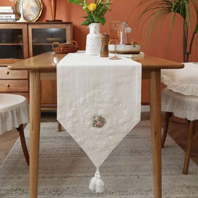 跨境美式流苏复古桌旗 Table runner 田园茶几餐桌餐边柜蕾丝桌旗