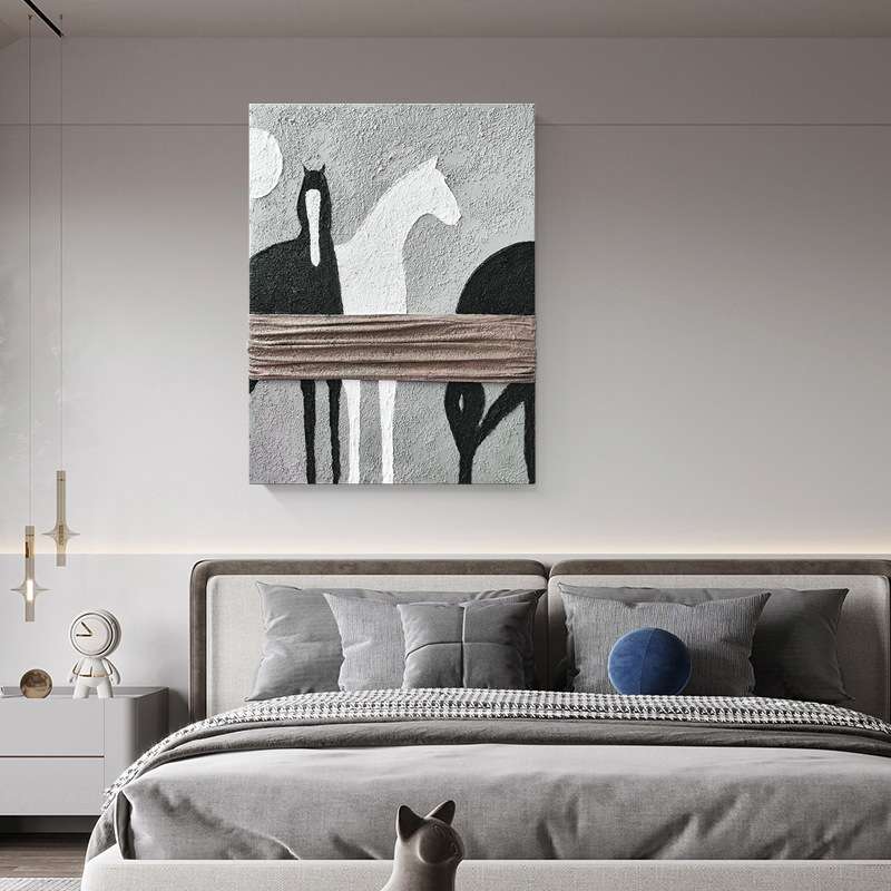 纯手绘油画动物马现代客厅玄关挂画酒店样板房大尺寸轻奢装饰壁画图片