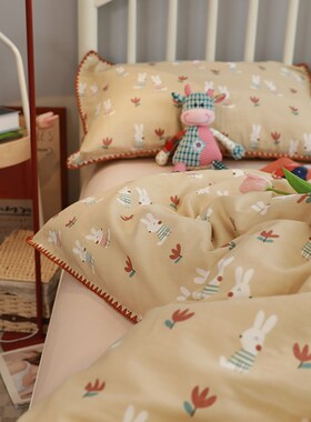 A类双层纱婴f儿级黄色小兔田园韩式简约全棉单双人床上四件套3