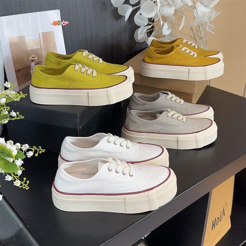 帆布鞋女款2025新款夏季厚底增高薄款透气圆头系带亚麻女鞋布鞋子
