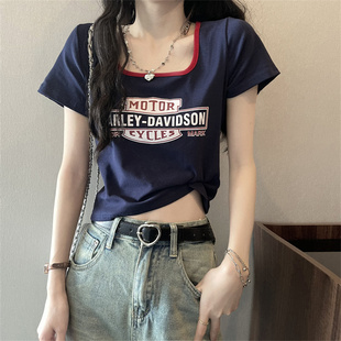 短袖女t恤夏正肩方领修身别致甜辣短款上衣女时尚洋气时髦小个子