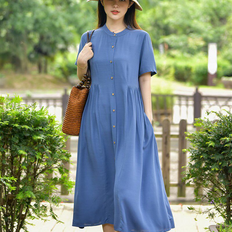 棉绸洋装女2023夏新款收腰显瘦人造棉绵绸中长宽松时尚开衫裙子