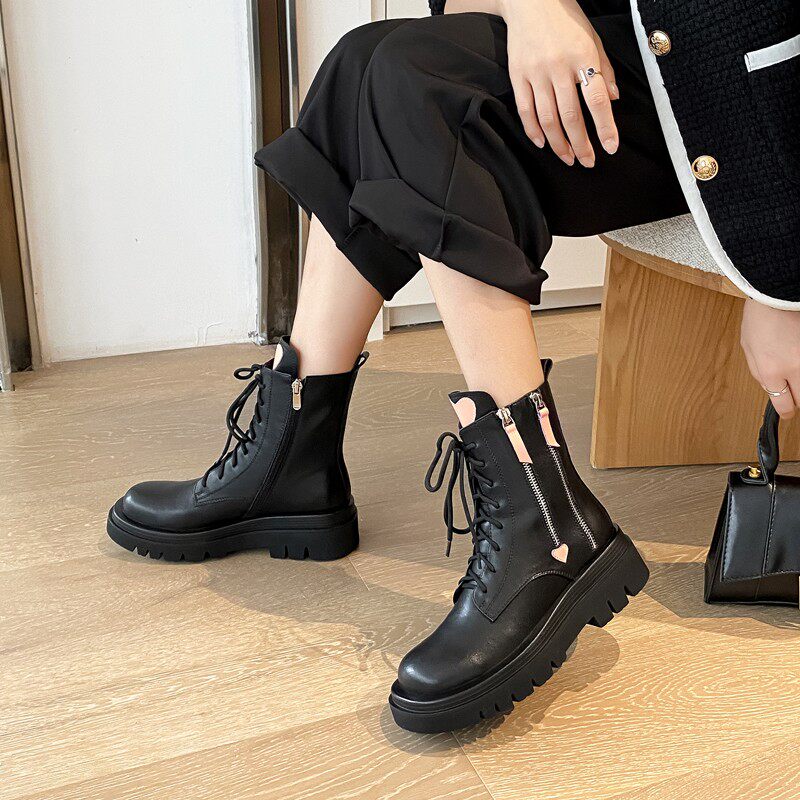 果冻底松糕马丁靴女短筒2021年秋冬真皮系带侧拉链单靴百搭少女靴