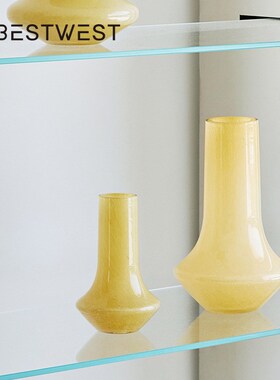 博西家居奶黄色中古风长颈玉质玻璃花瓶软装高级感家居摆件