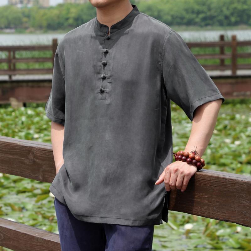 新款加肥加大码铜氨丝短袖T恤衫中式复古上衣夏季薄款真丝唐装男T