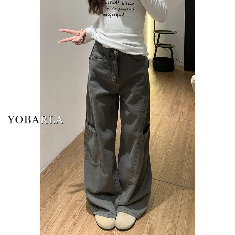 灰色阔腿工装裤女春季新款胖mm大码宽松梨型身材显瘦直筒牛仔裤子