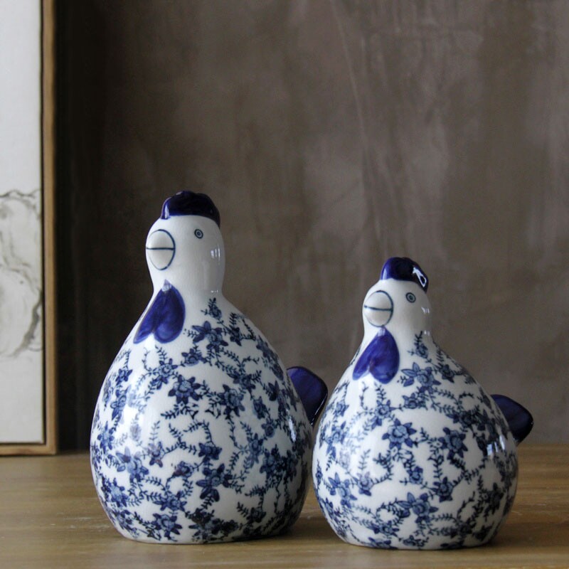 云潮陶瓷鸡摆件工艺品手工青花瓷仿古开片客厅样板间对鸡亲子装饰