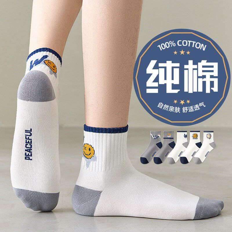 青少年袜子男款夏季薄款纯棉100%全棉防臭中筒运动短筒袜学生男童