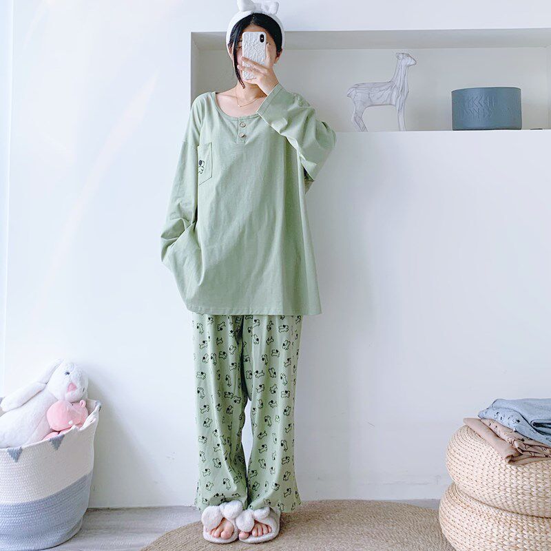 加大码爽滑棉狗狗睡衣女长袖长裤春秋两件套胖mm200斤宽松家居女