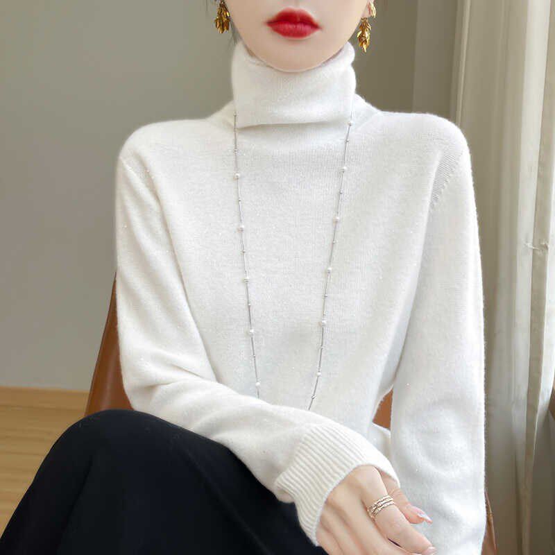 一线成衣堆堆领100%纯羊绒衫女秋冬亮丝针织羊毛衫宽松打底衫上衣