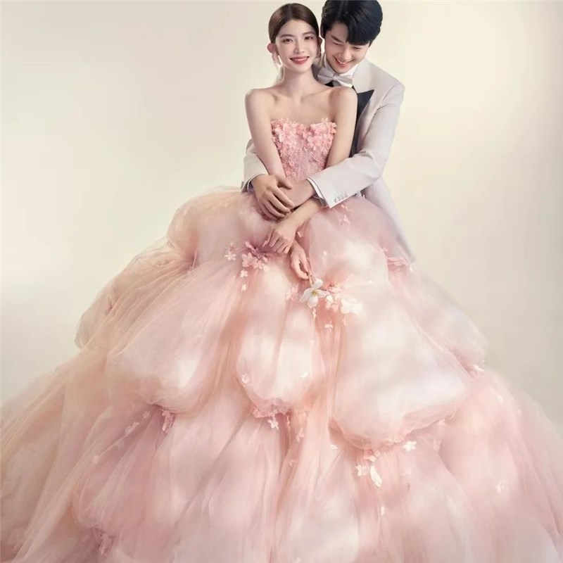 影楼拍照主题服装浅粉高定拖尾少女花神写真蛋糕裙抹胸婚纱彩纱裙