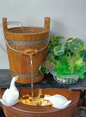 生态鱼缸循环流水木桶绿植花盆新中式流水造景装饰品摆件过滤花盆