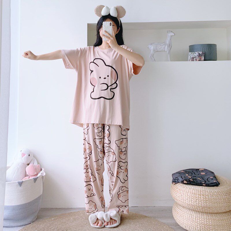 纯棉短袖长裤情侣卡通睡衣春夏大码两件套简约胖mm男女宽松家居服