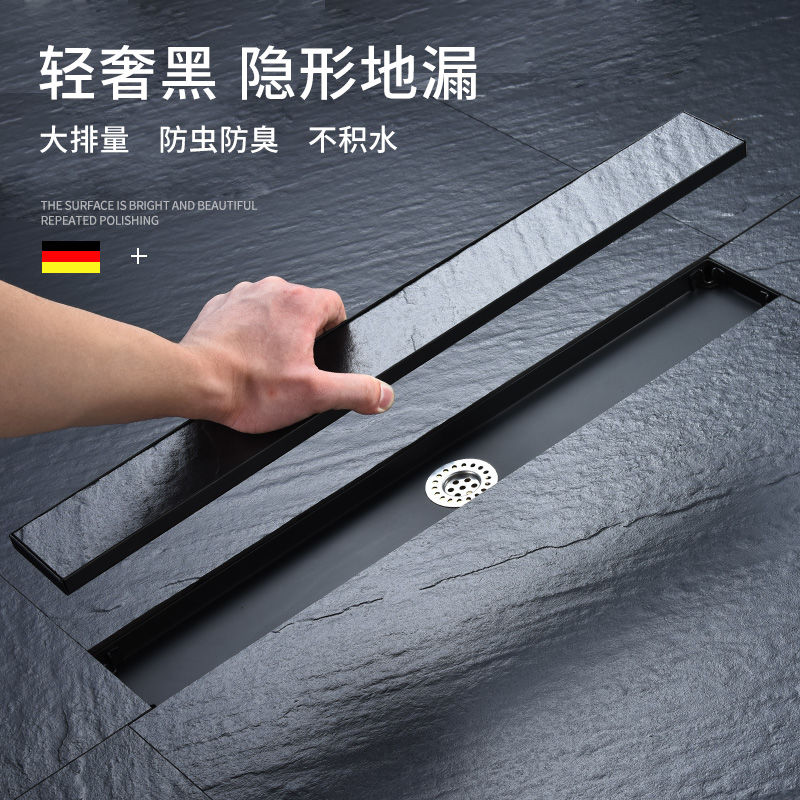 304不锈钢地漏黑色加长条型地漏淋浴房大排量卫生间加长防臭隐形