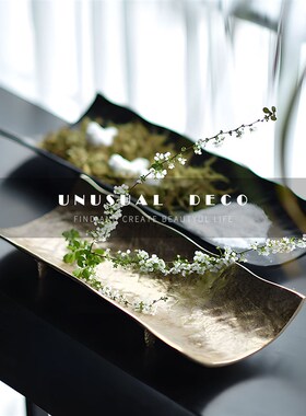 S 印度进口新中式黑色金色树皮造型金属托盘样W板房装饰摆饰