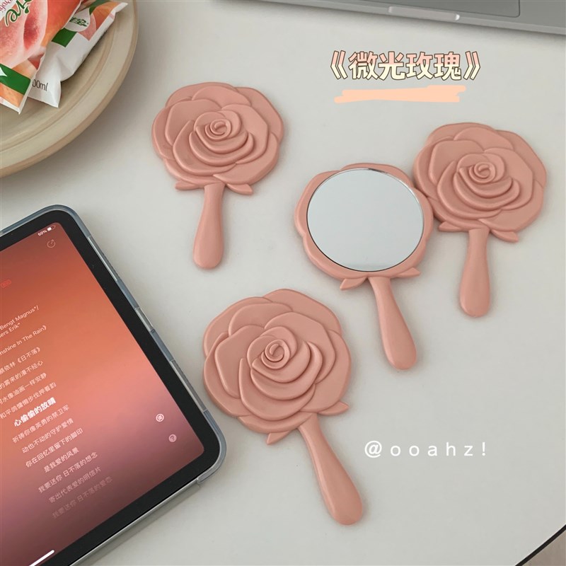 微光玫瑰~粉嫩手持柄化妆镜 学生宿舍可携式迷你小镜Y子可爱公主