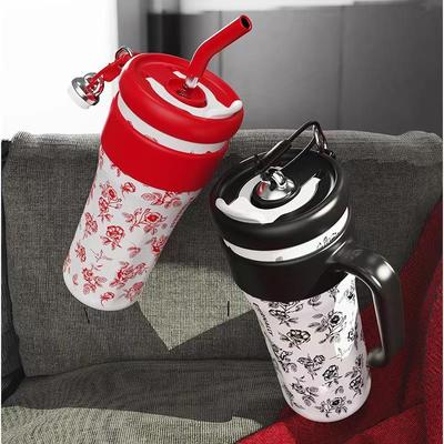 爆款巨无霸316不锈钢保温杯简约带图案手柄吸管杯户外40oz冰霸杯