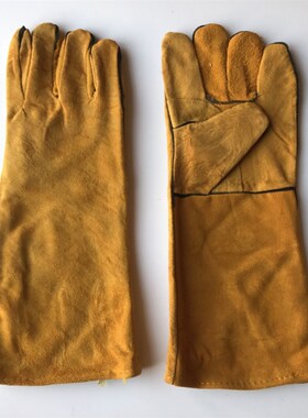 40cm黄色全牛皮里衬双层电焊手套 加长加厚耐磨耐高温劳保手套