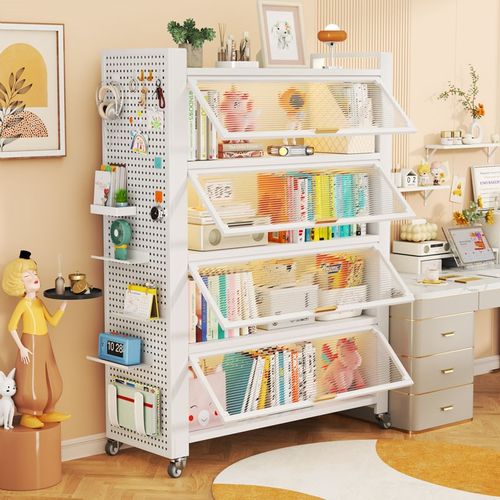 带轮可移动钢制书柜家用多层铁艺置物柜落地多层收纳储物防尘书架