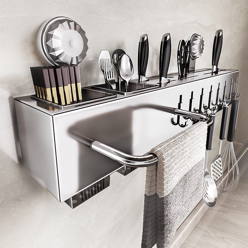 菜刀架置物架不锈钢吸盘免打孔壁挂式多功能毛巾锅铲刀具收纳层架
