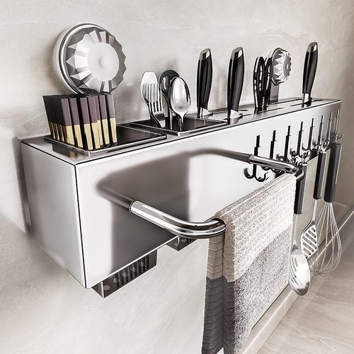 菜刀架置物架不锈钢吸盘免打孔壁挂式多功能毛巾锅铲刀具收纳层架