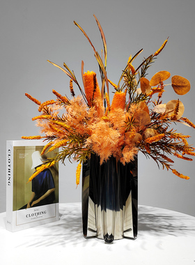 现代轻奢暖橙色仿真花艺组合电镀银色花瓶样板房客厅茶几软装饰品