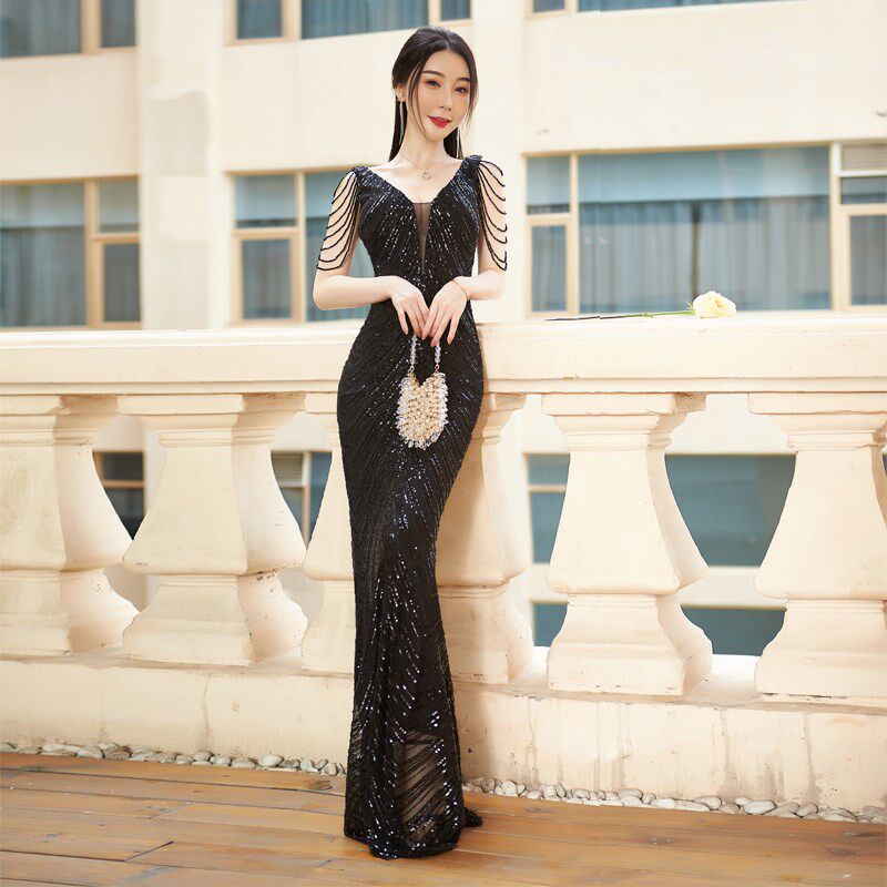 高级感晚礼服女2024新款高端轻奢小众宴会气质主持闪亮鱼尾连衣裙