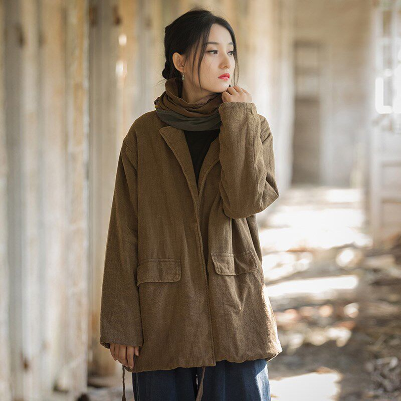 新中式棉袄女冬棉麻夹棉外套设计感改良系带棉服复古做旧加厚棉衣