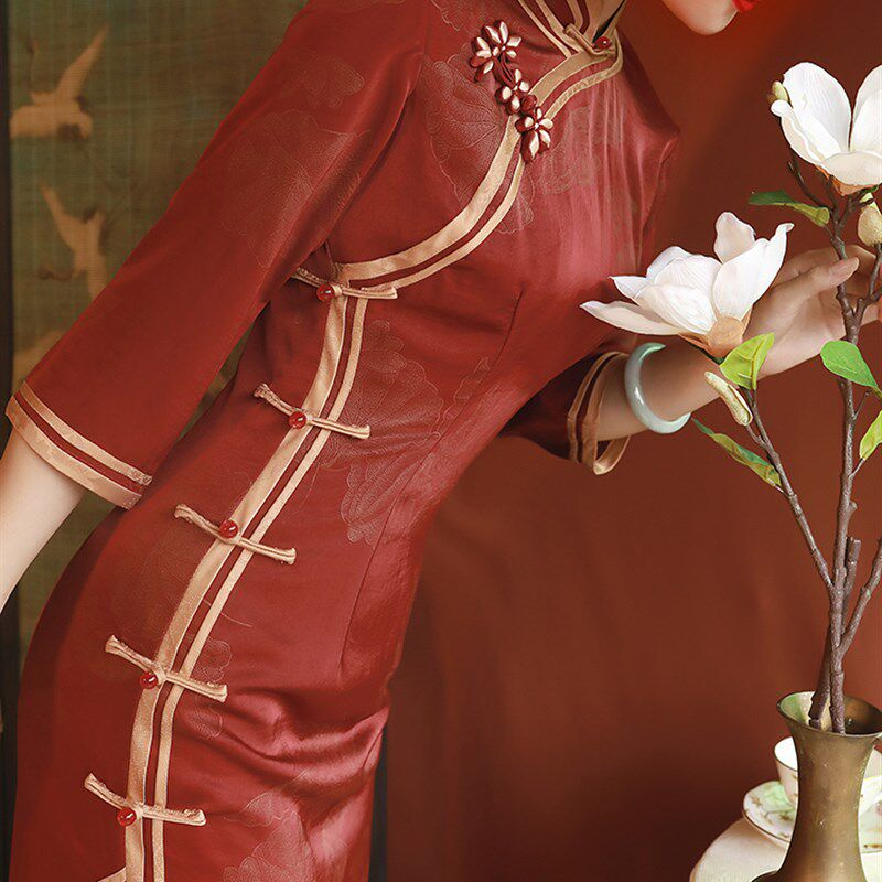 红色老上海旗袍2022年新款秋季改良复古高端气质民国风长款连衣裙