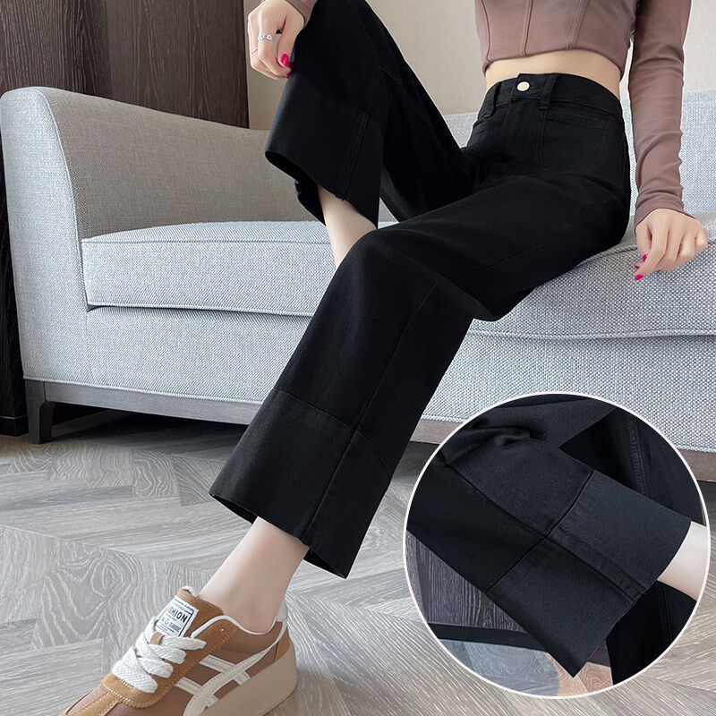 高级感黑色卷边烟管牛仔裤女2025夏薄款小个子九分窄版法棍直筒裤